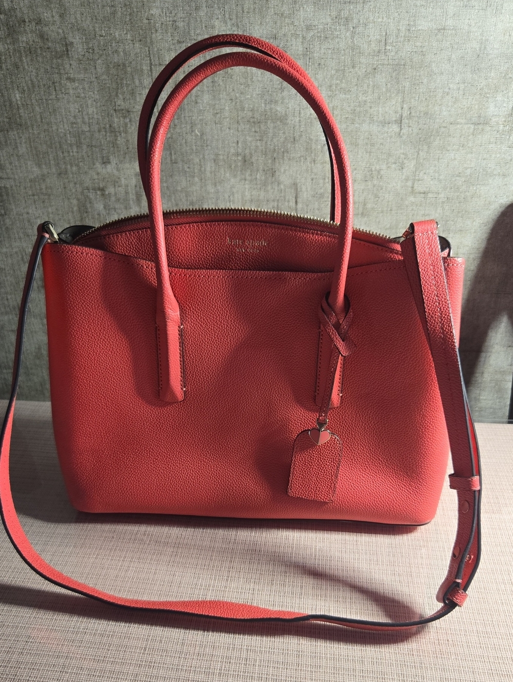 kate spade Coral-Red Pebbled Leather Satchel with Crossbody Strap